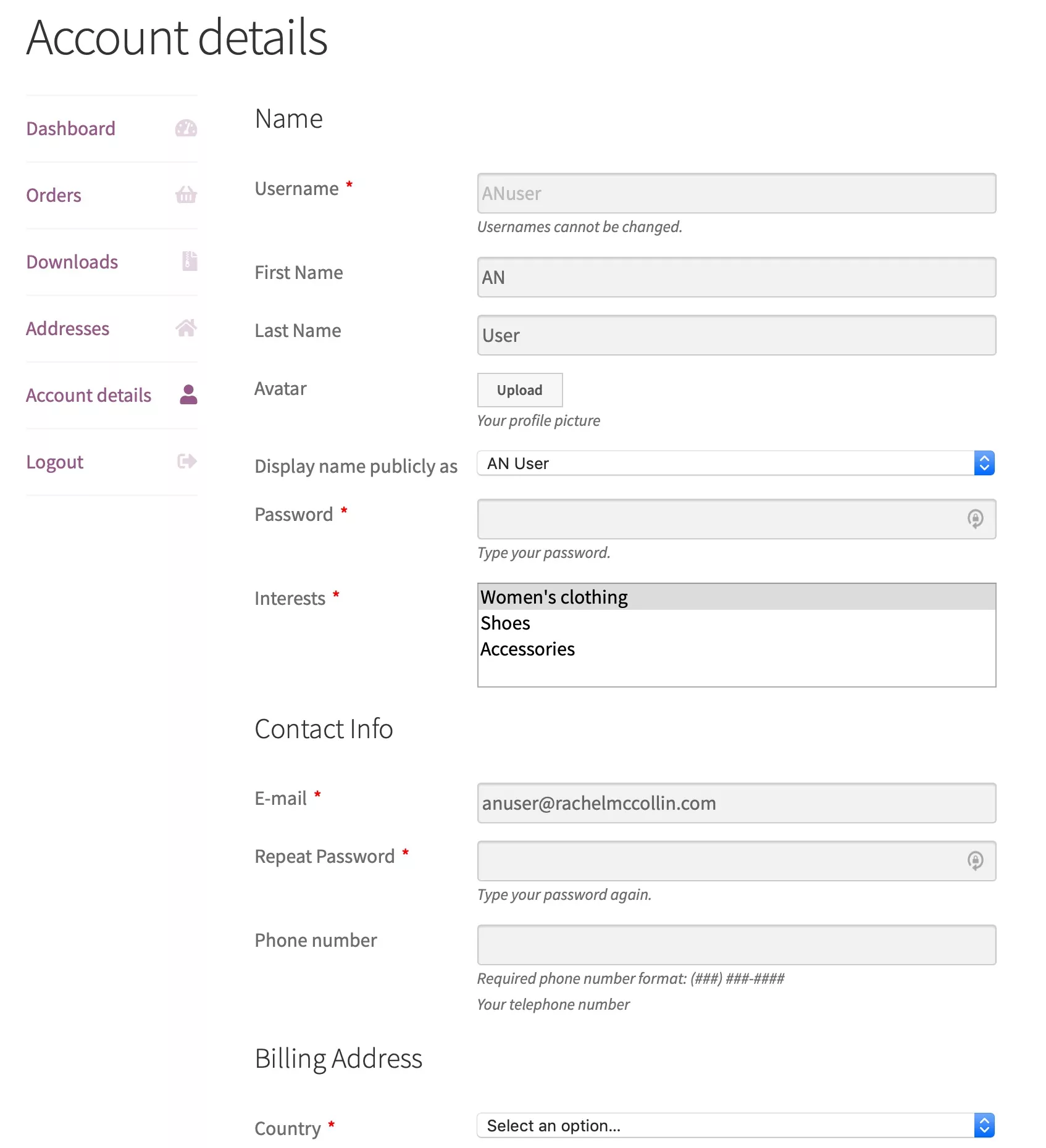 account details screen