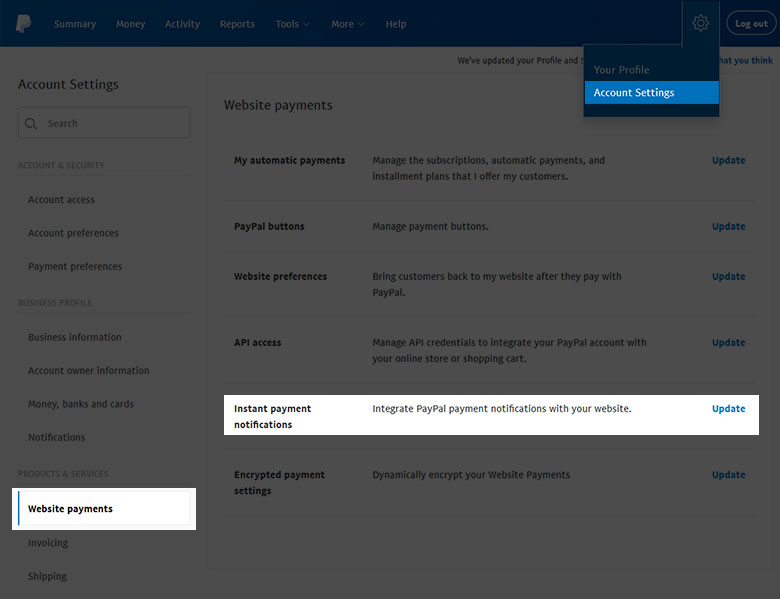 Paypal IPN Location Settings