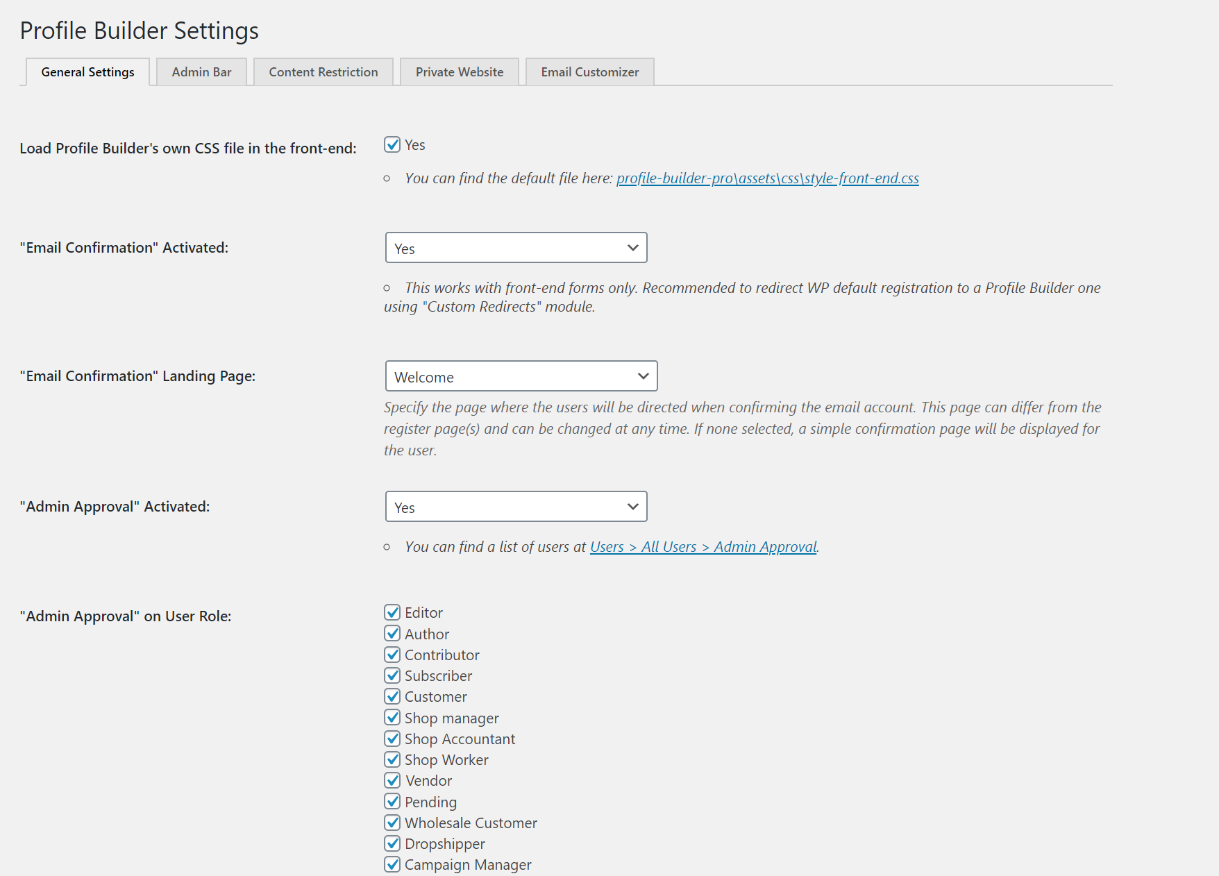 Profile Builder Pro settings screen