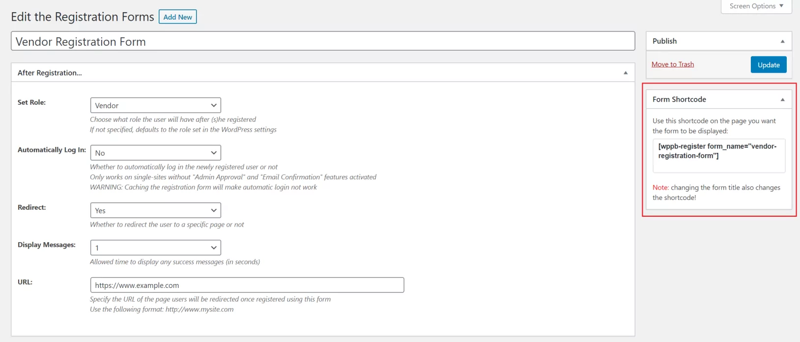 Registration form shortcode