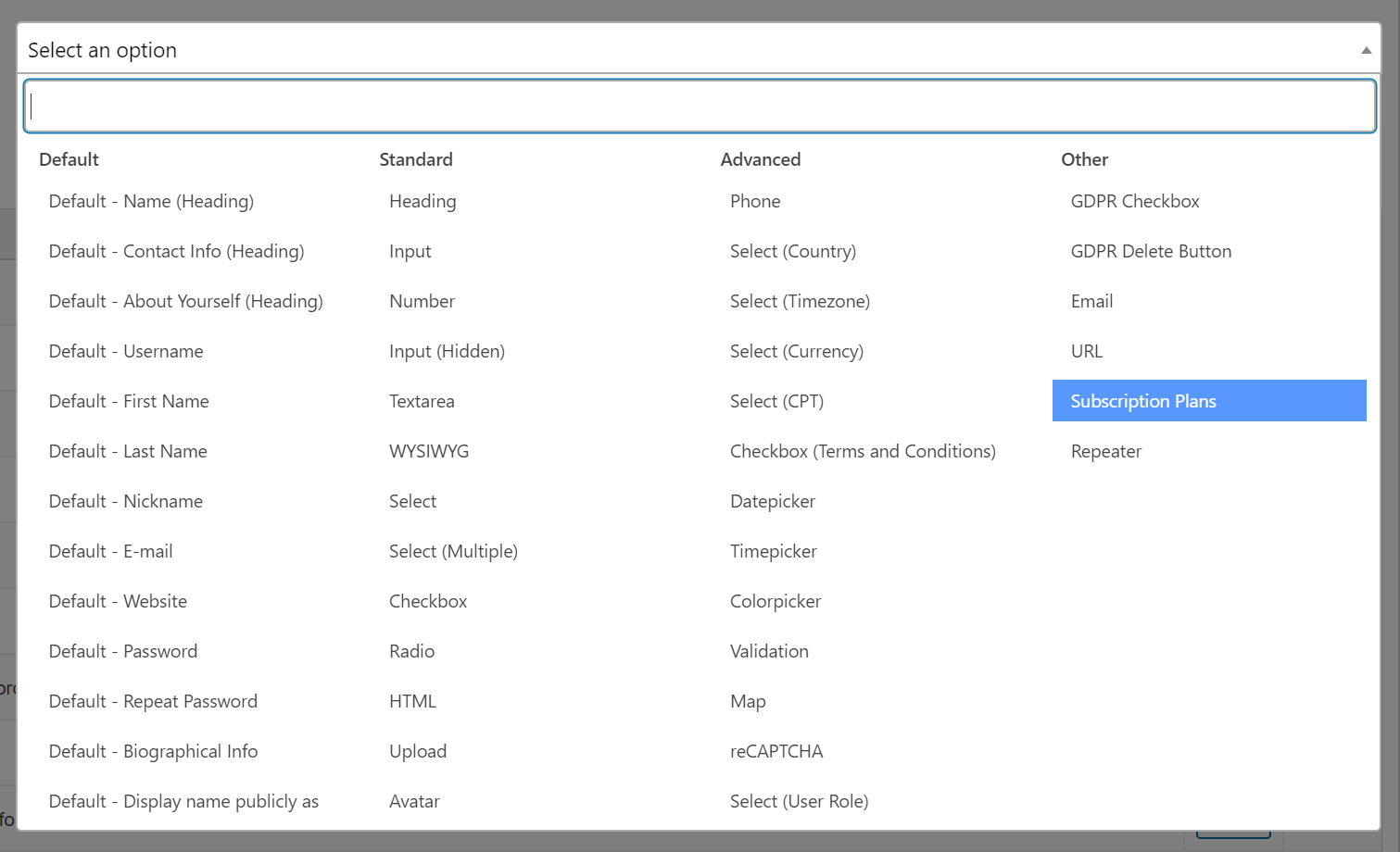 Subscription plans extra field type