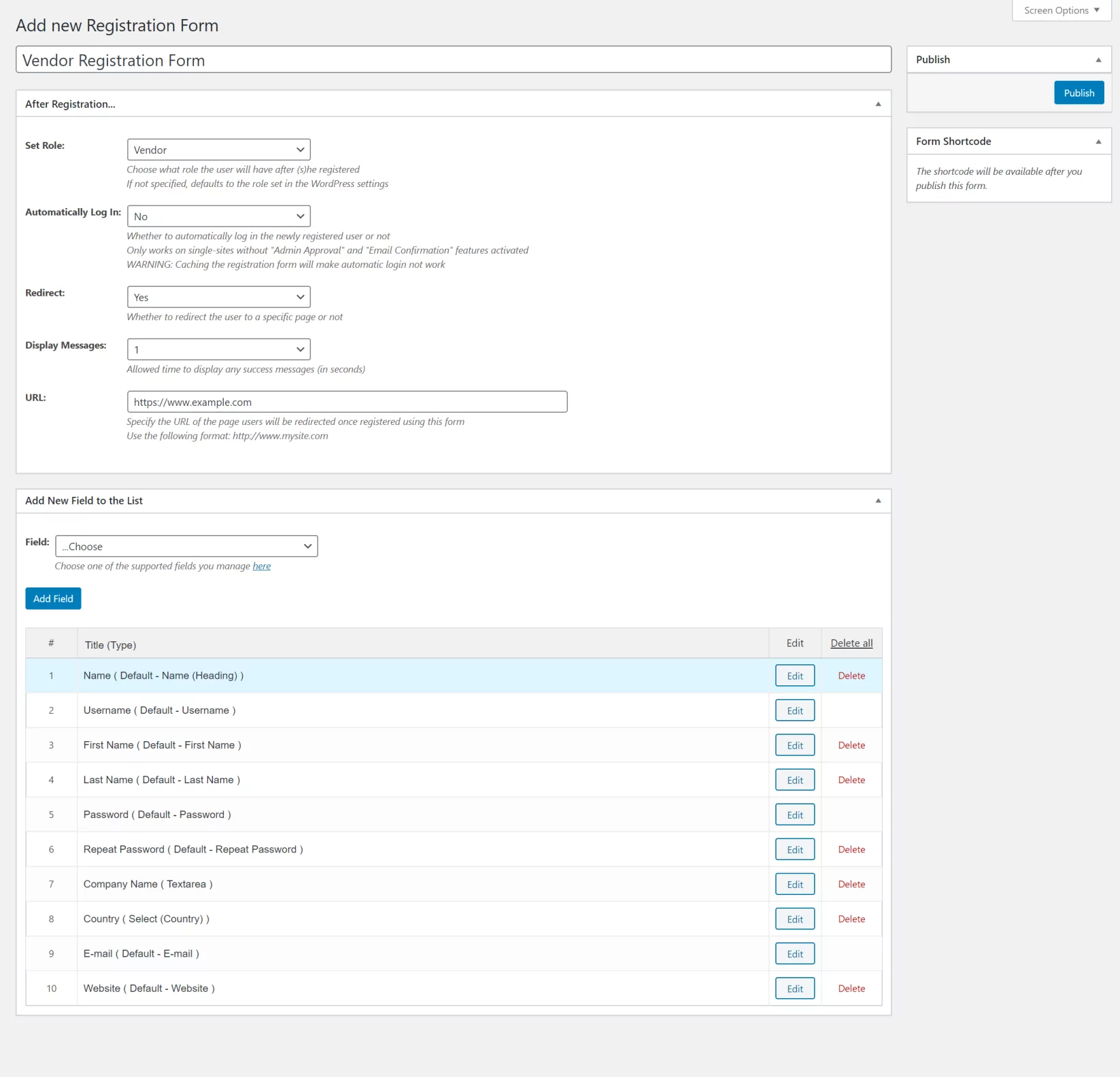 Vendor registration form settings in Profile Builder Pro