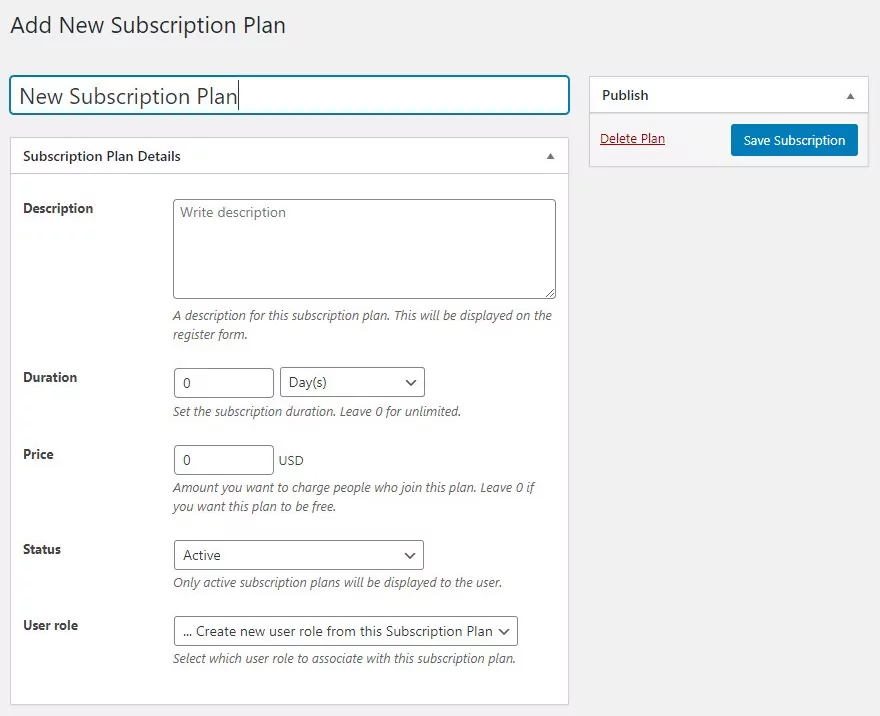 WordPress Plugin - Paid Member Subscriptions - new subscription plan