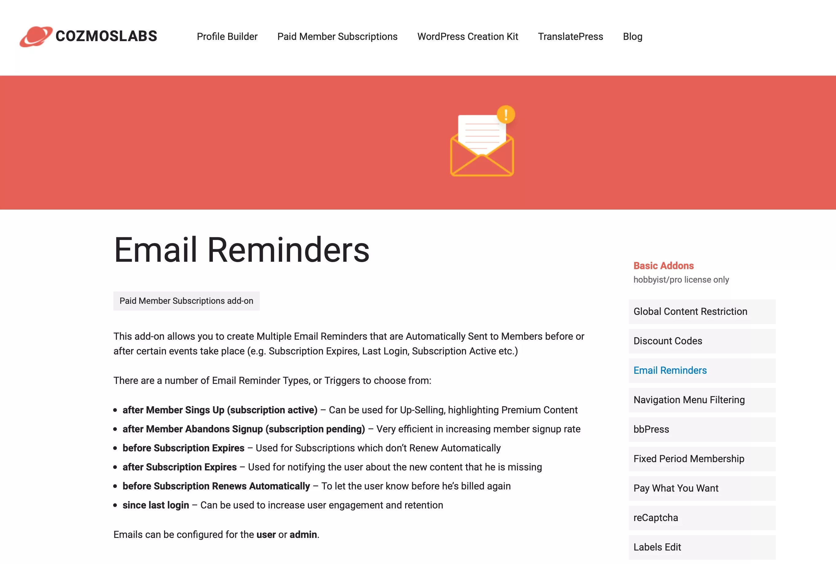 Email reminders add-on for membership site software