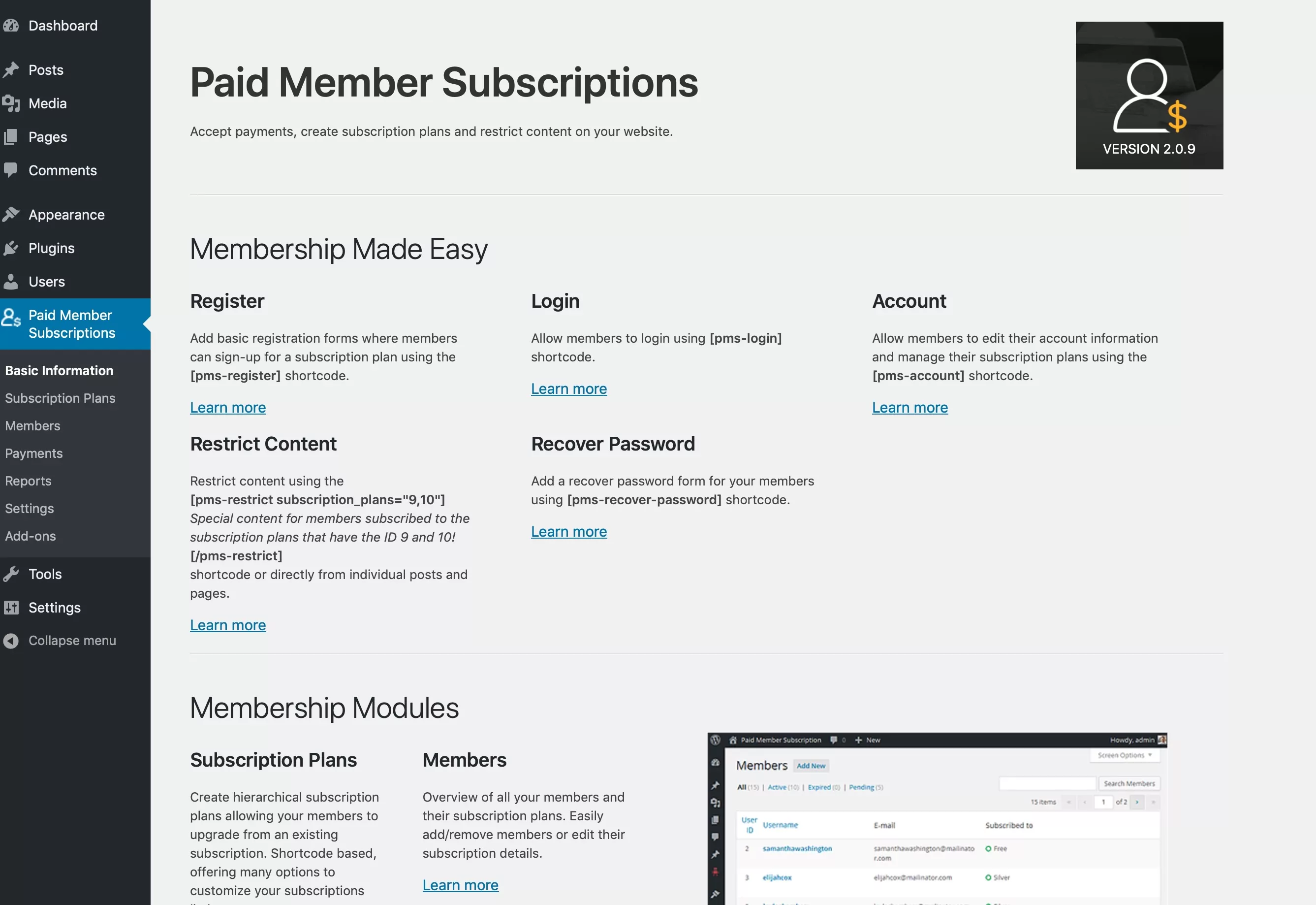 Paid Member Subscriptions basic information