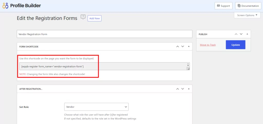 Registration form shortcode