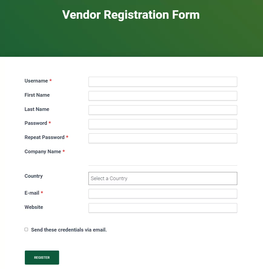 Preview of the vendor registration form