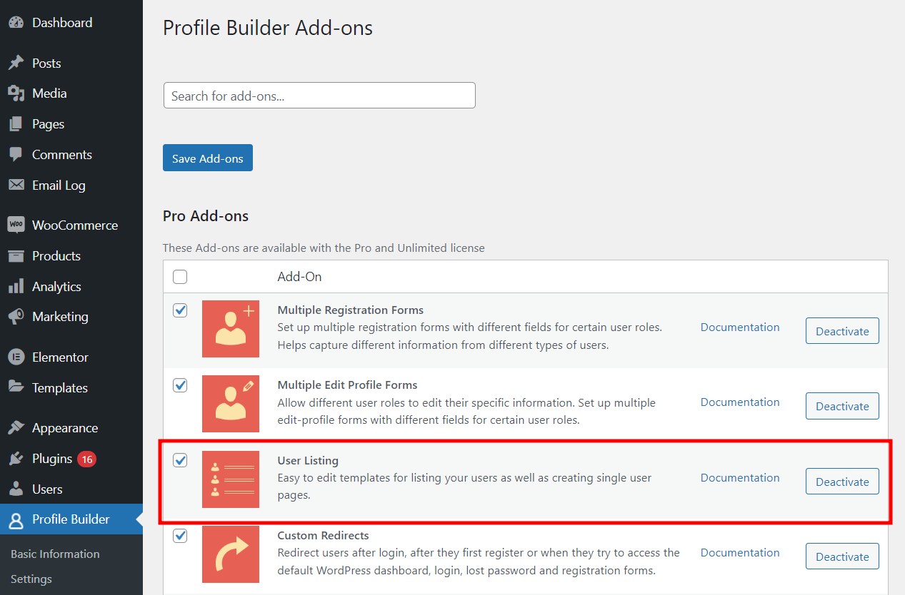 How to enable user listing add-on