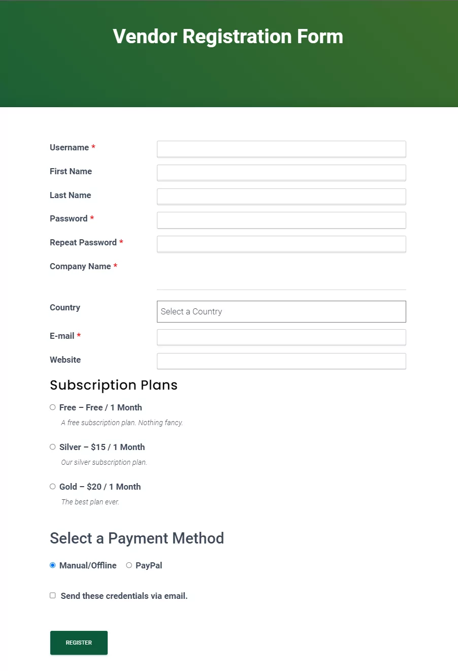 Registration form with subscription plans