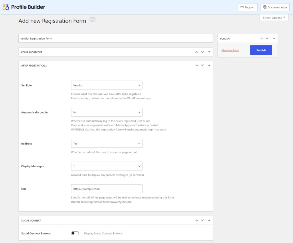 Vendor registration form settings in Profile Builder Pro