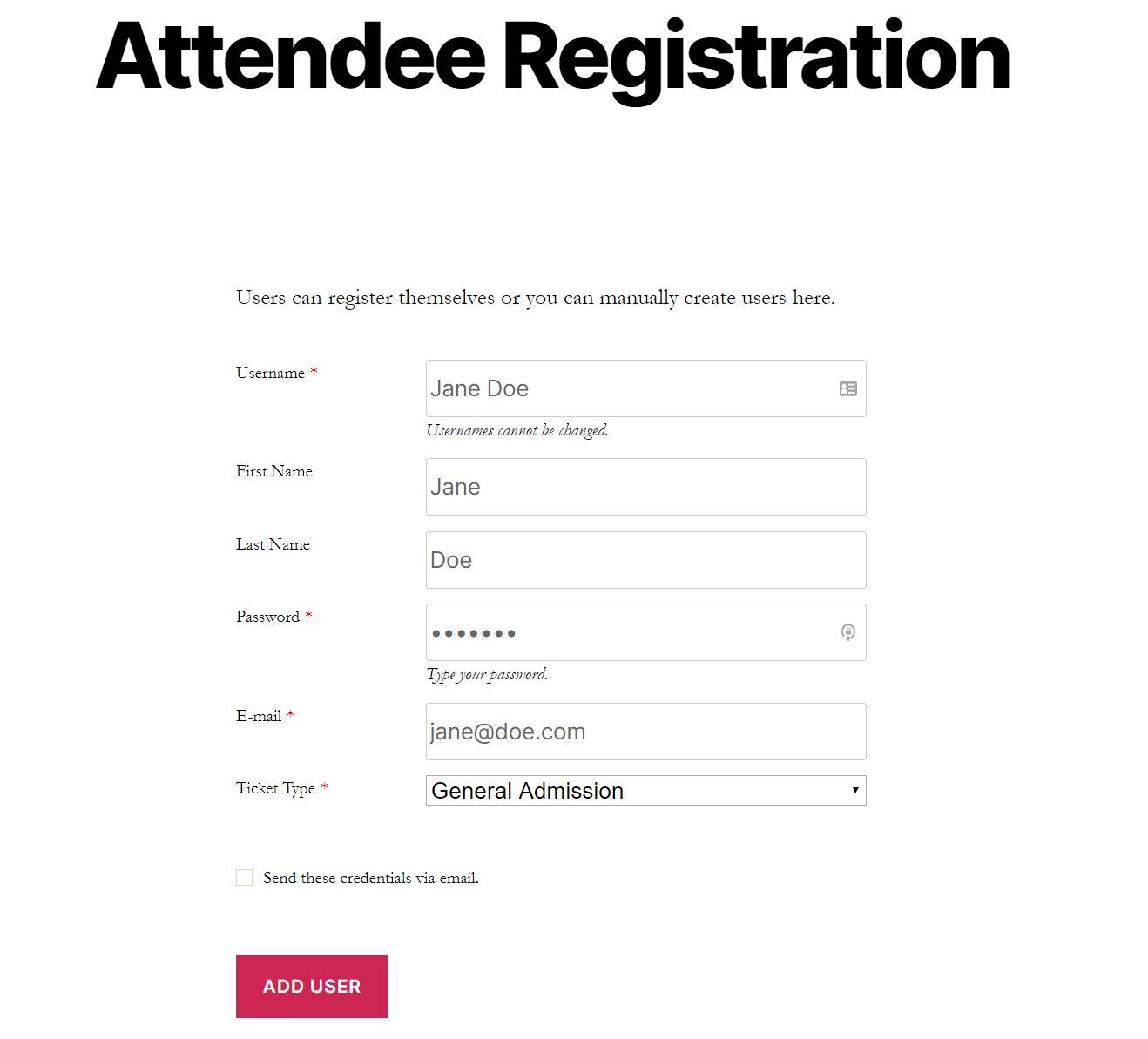 Preview of a user registration form