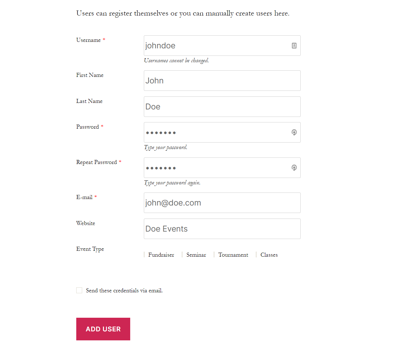 Preview of user registration form with conditional logic