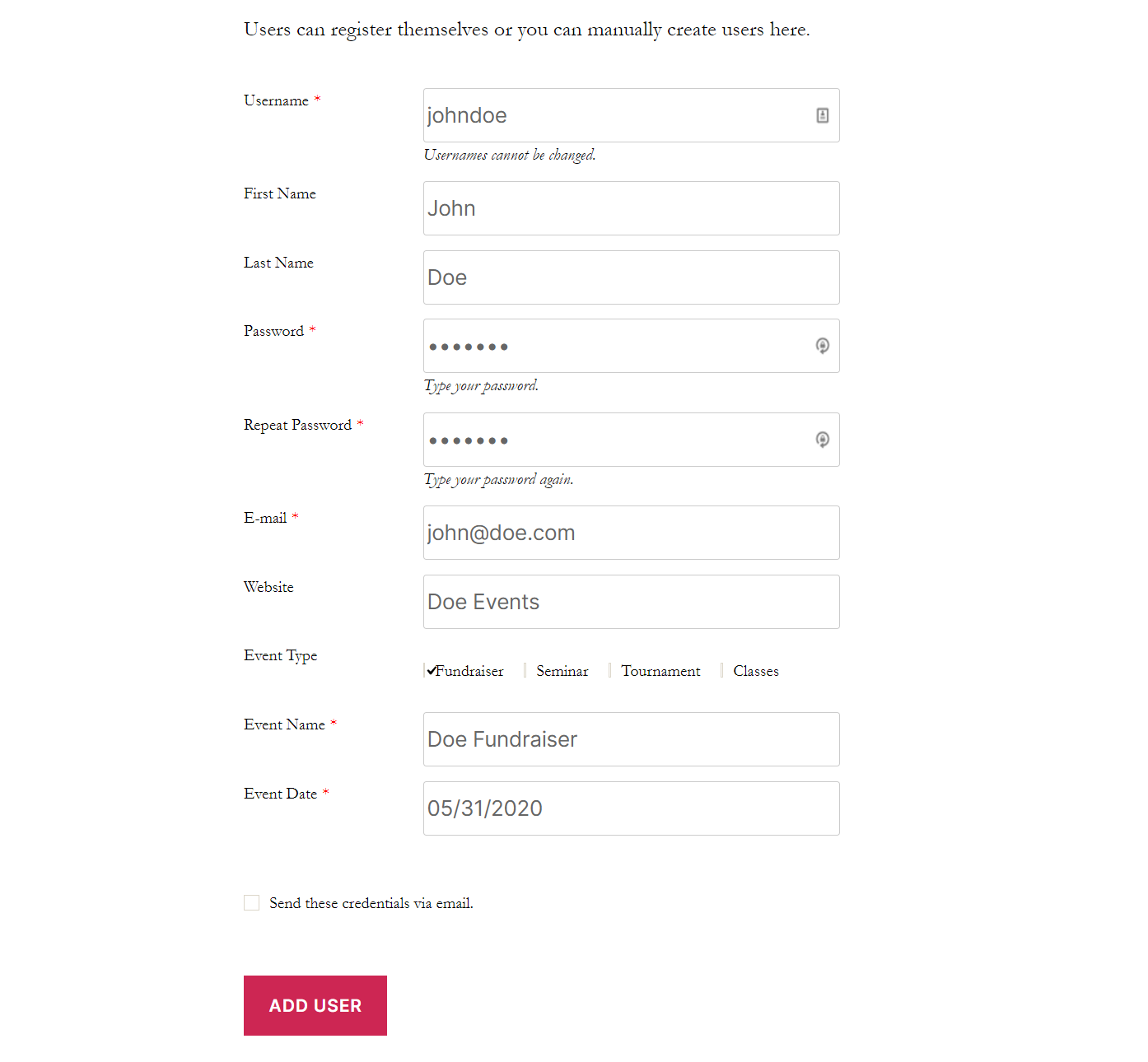 Preview of user registration form with conditional logic
