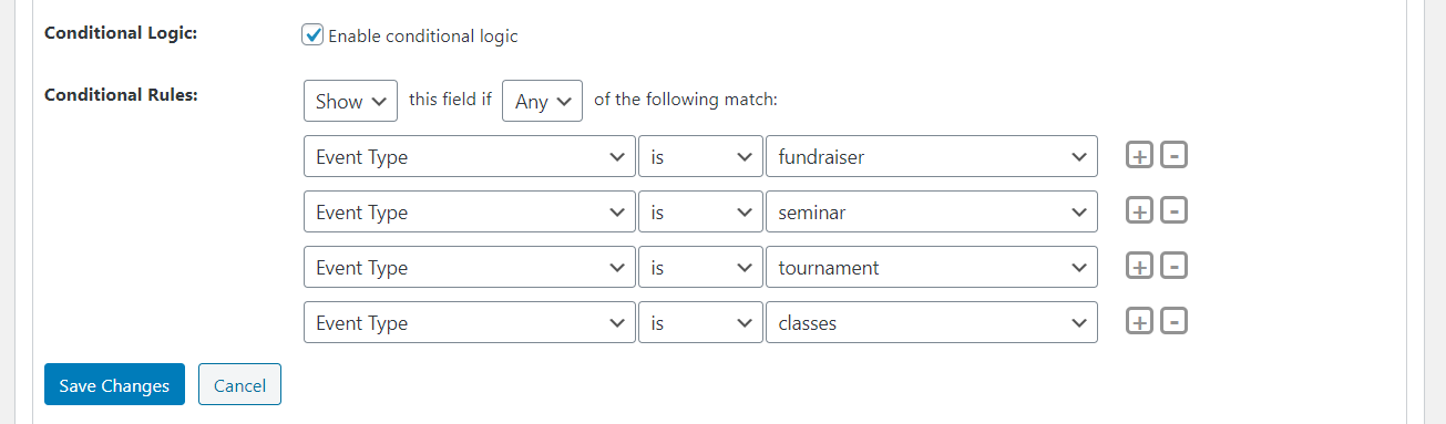 Conditional logic configuration in WordPress form builder plugin