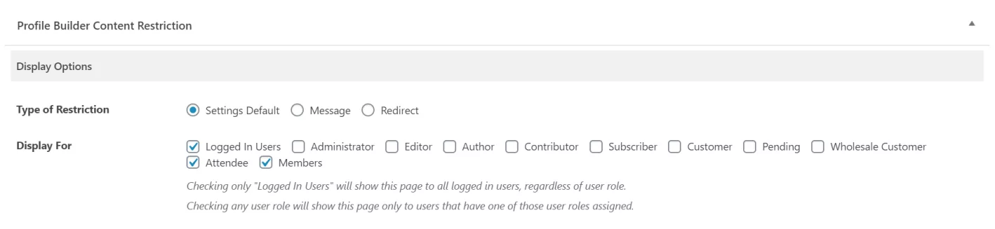 Content restriction settings in WordPress form builder plugin