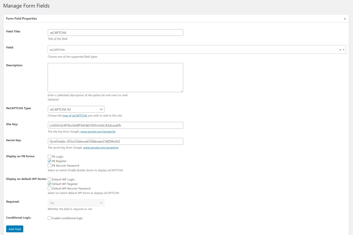 reCAPTCHA field settings