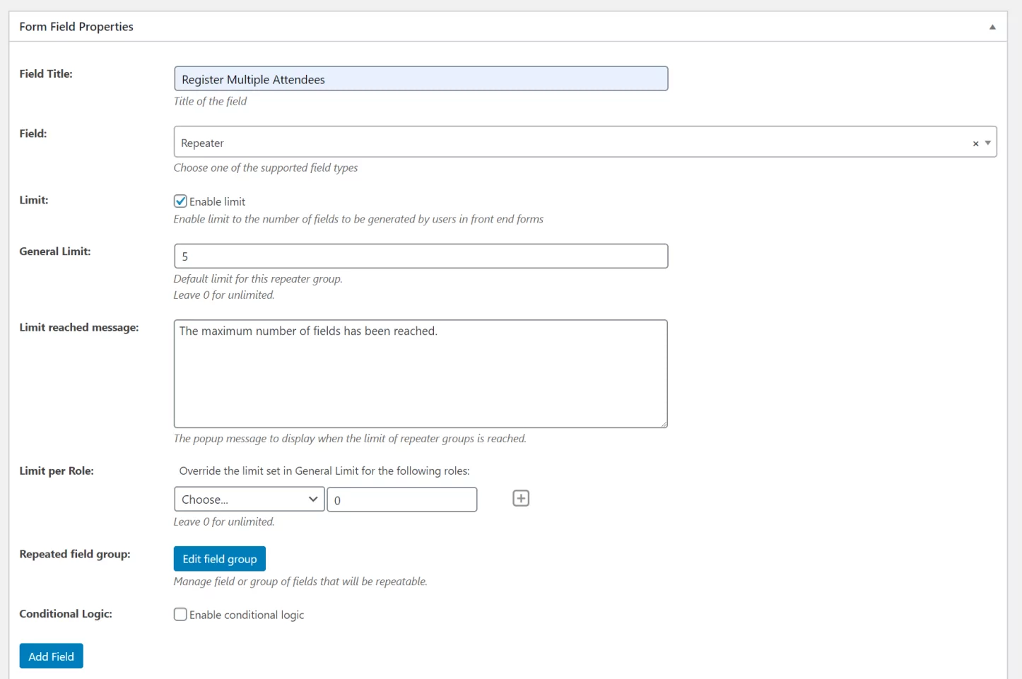 Repeater field settings