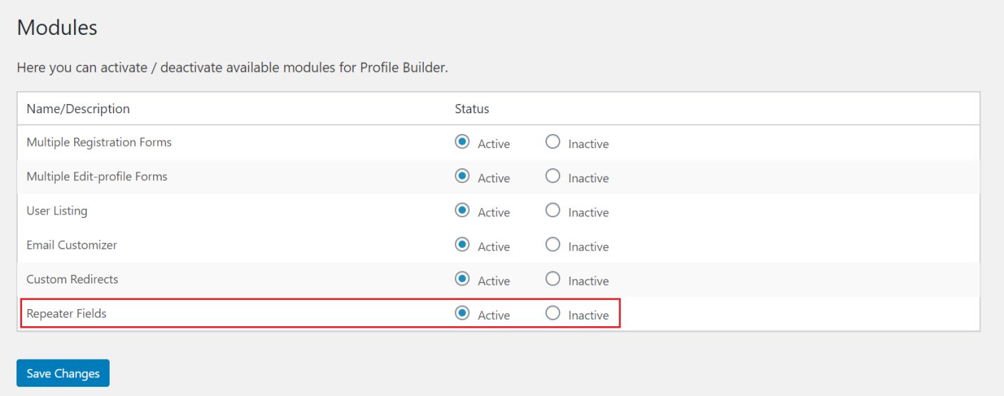 Activate repeater fields module