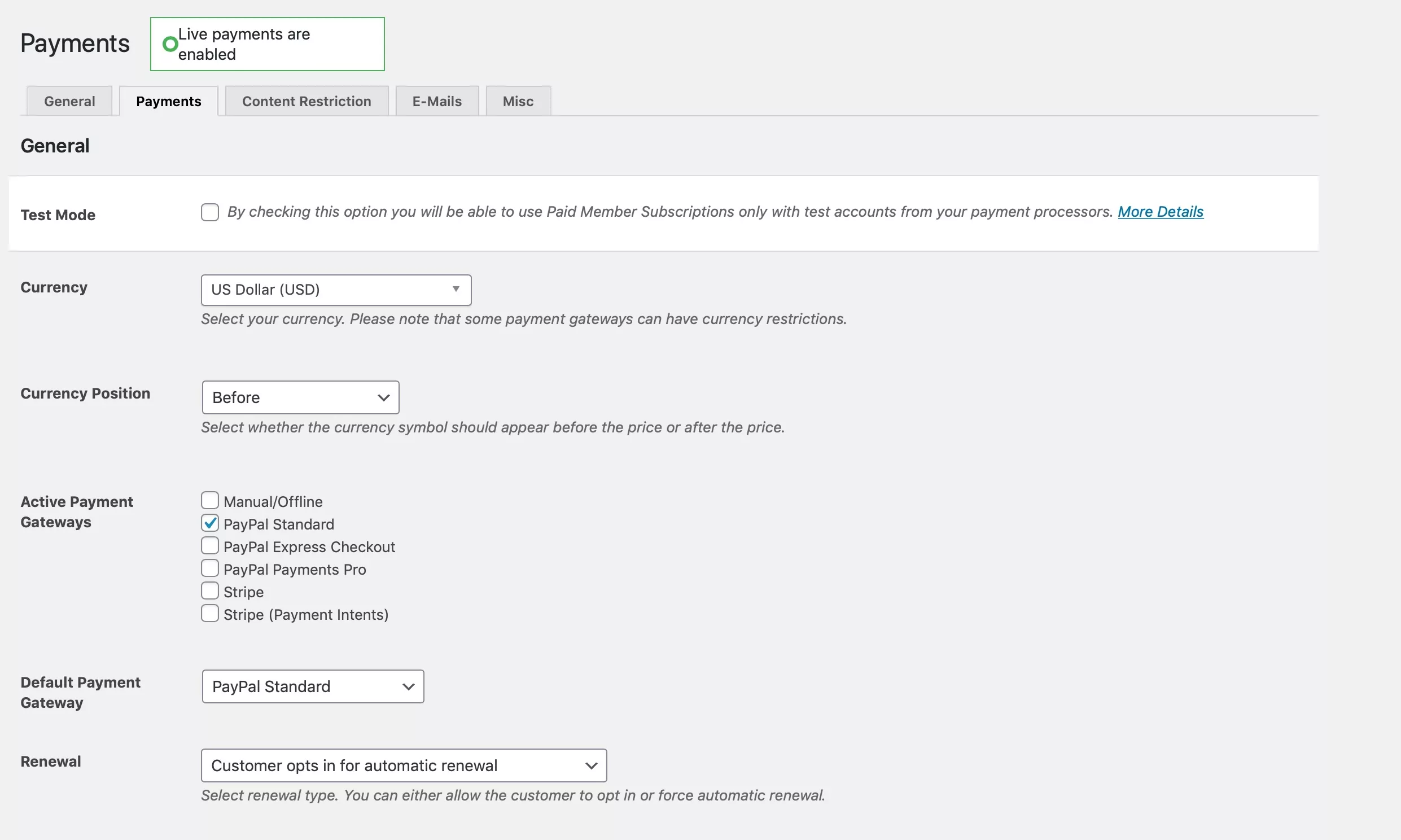 Paid Member Subscriptions configuring payments updated