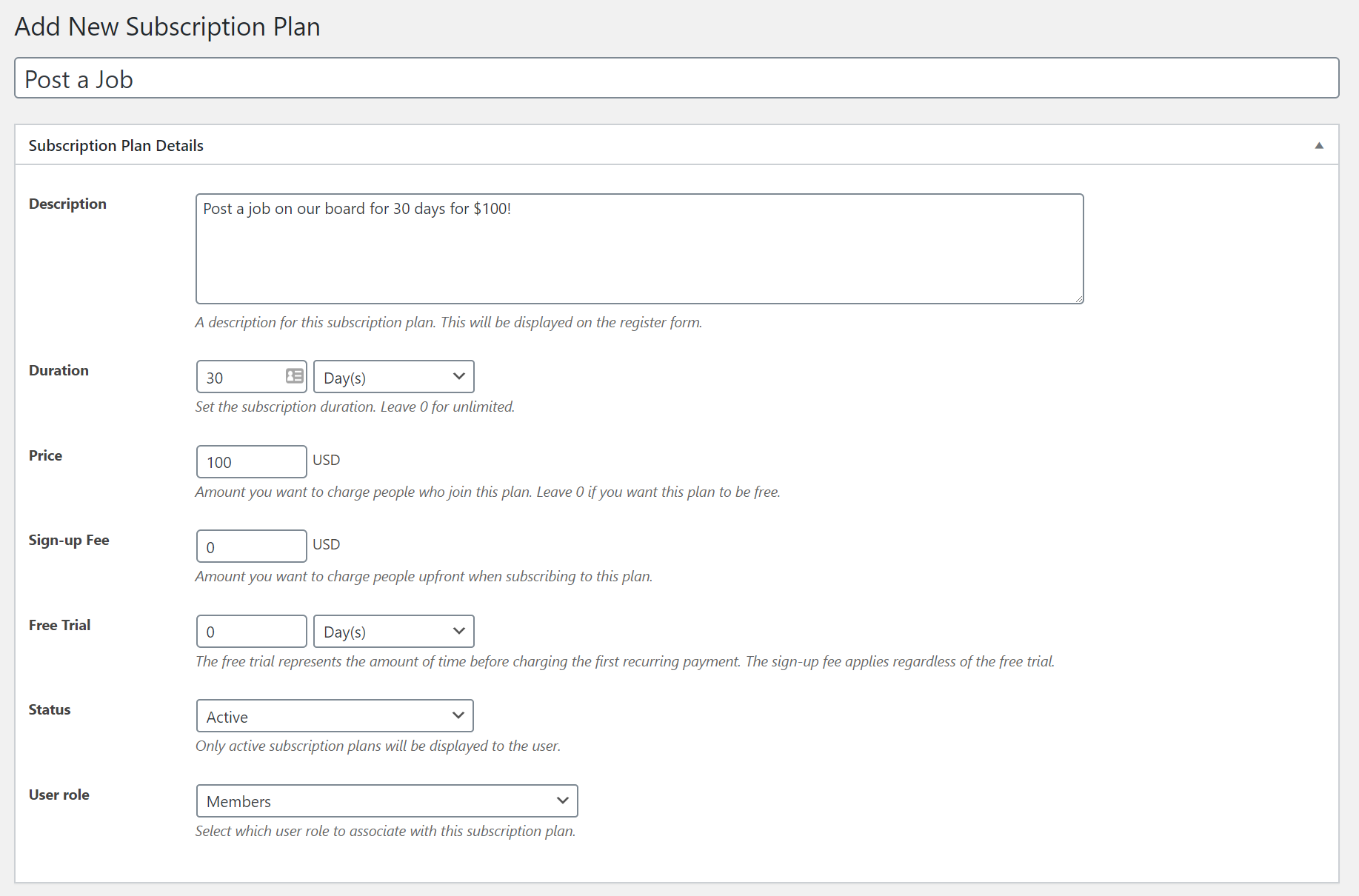 Subscription plan for job board entry