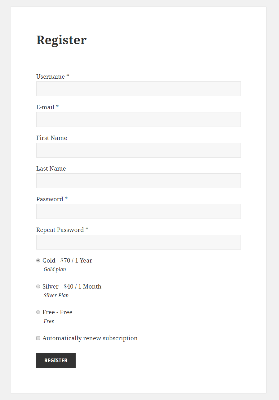 Registration page with recurring payment option