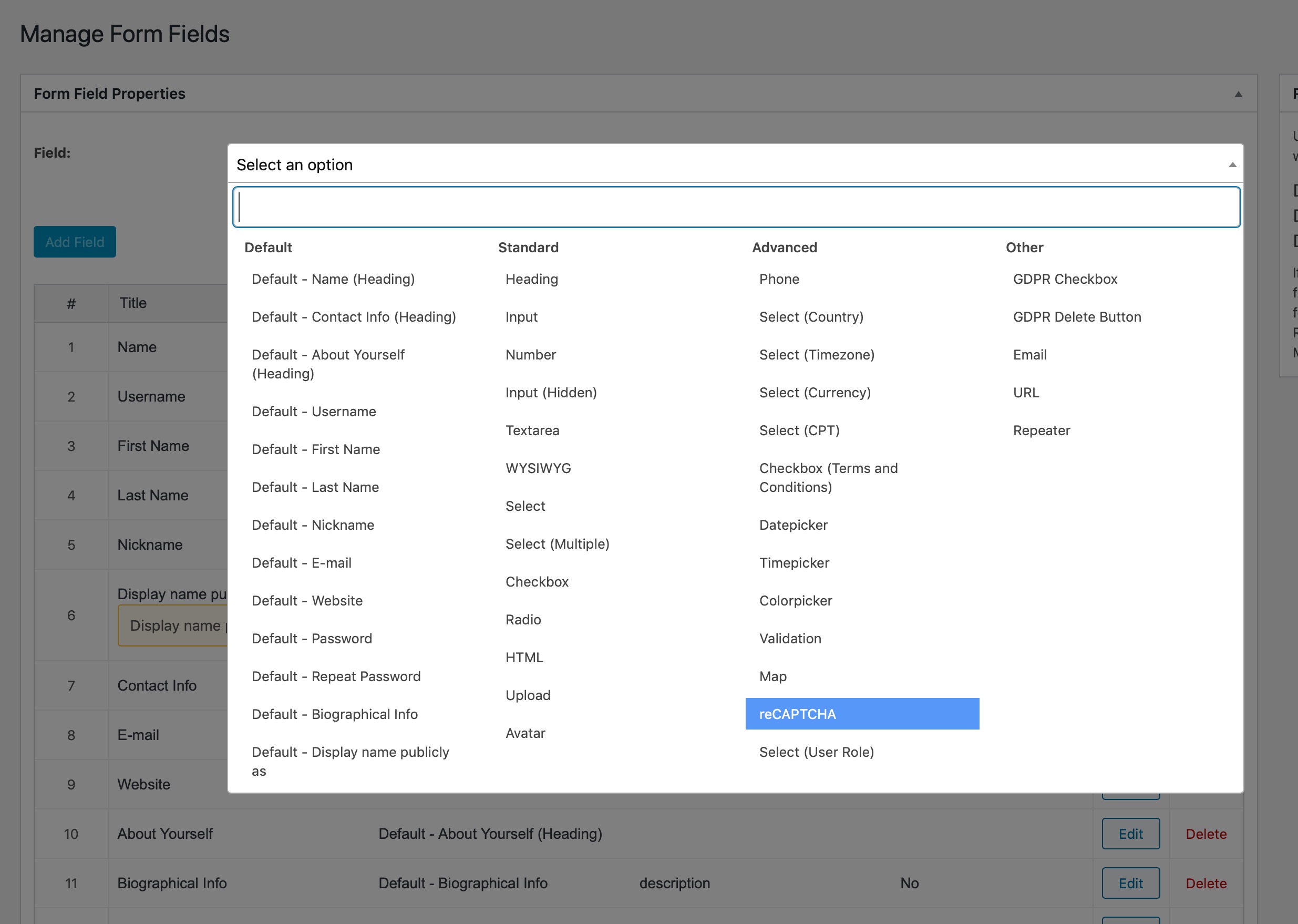 selecting the Recaptcha option