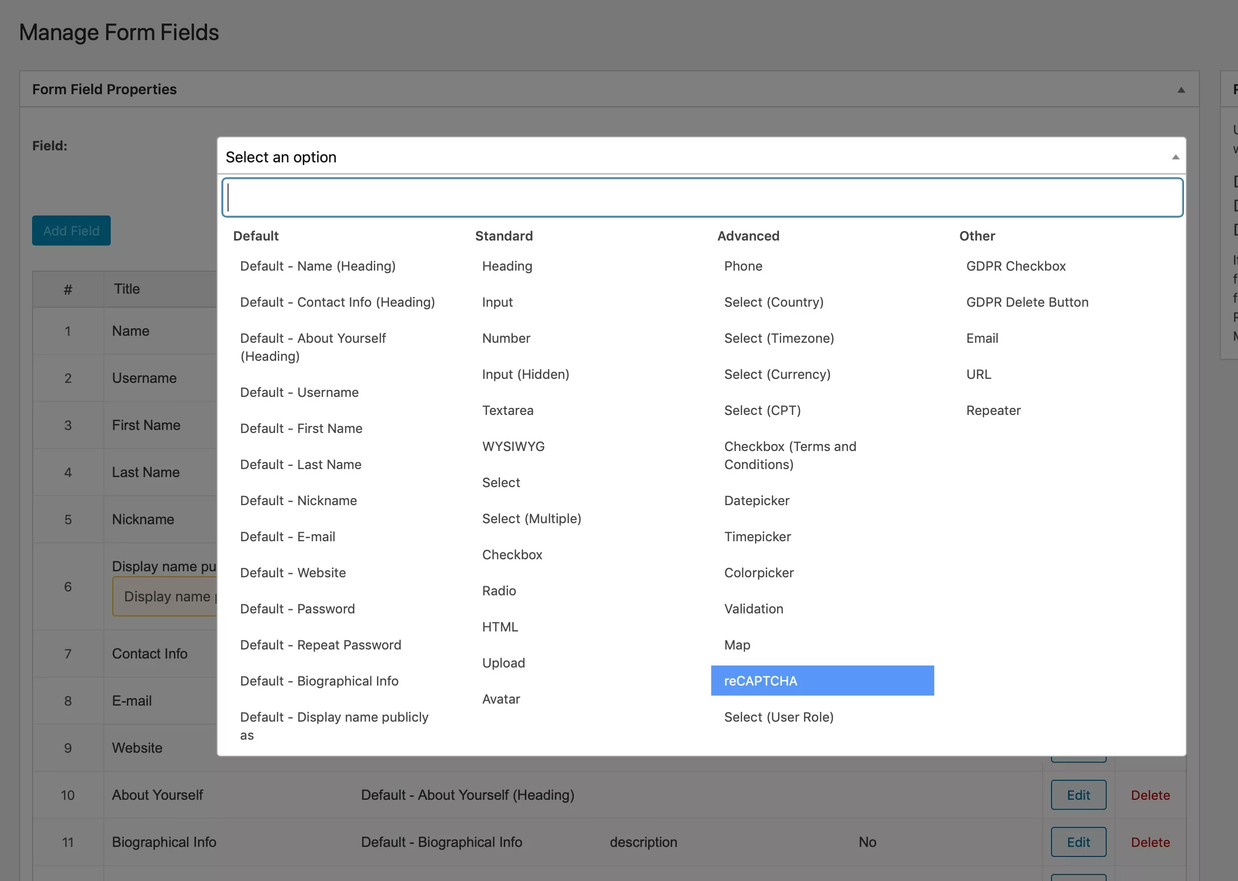 selecting the Recaptcha option