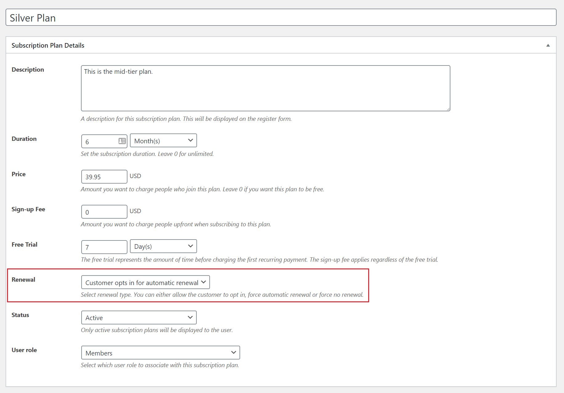 Setting up WordPresss recurring payments for a specific plan