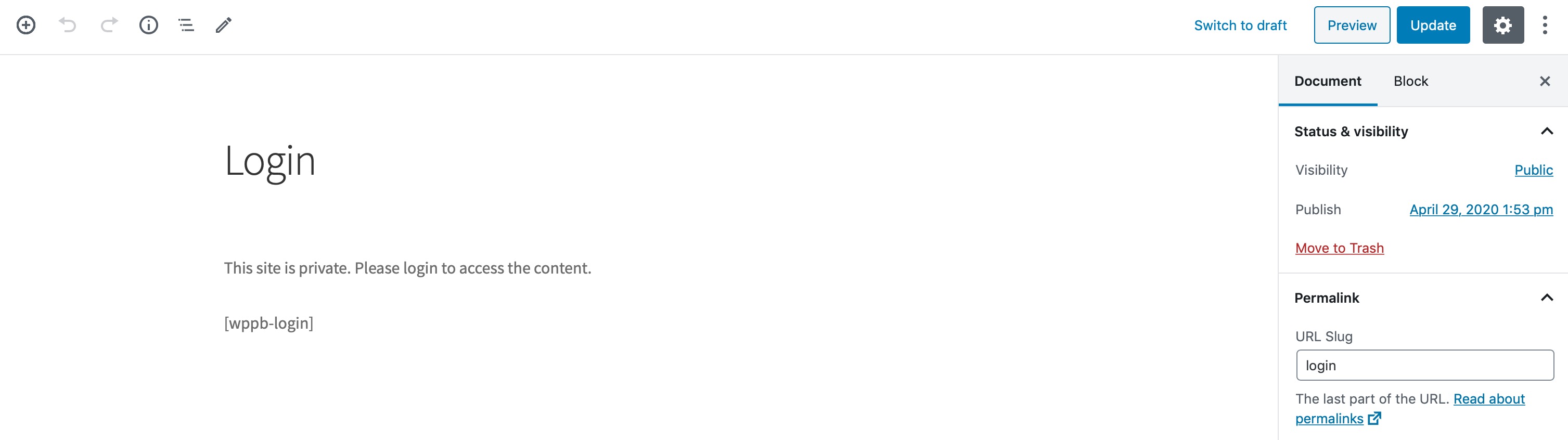 the login page with shortcode