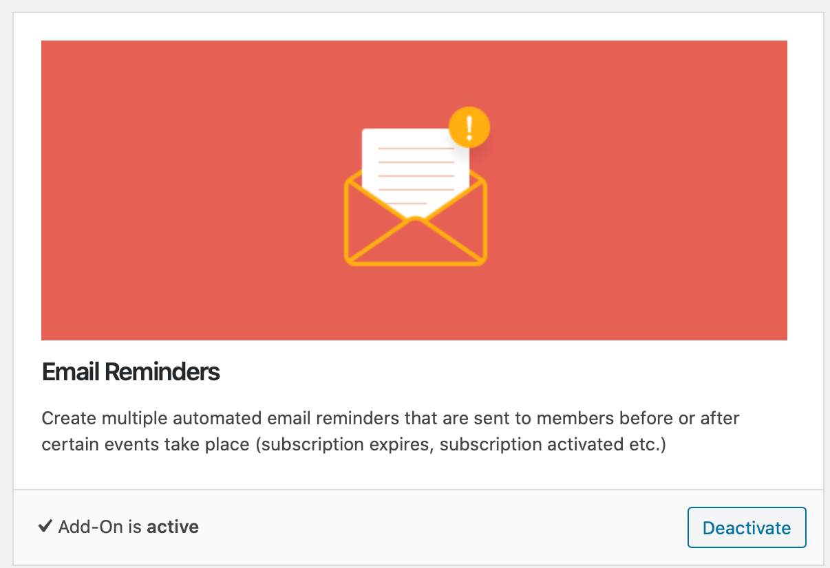 Screenshot of the email reminders addon