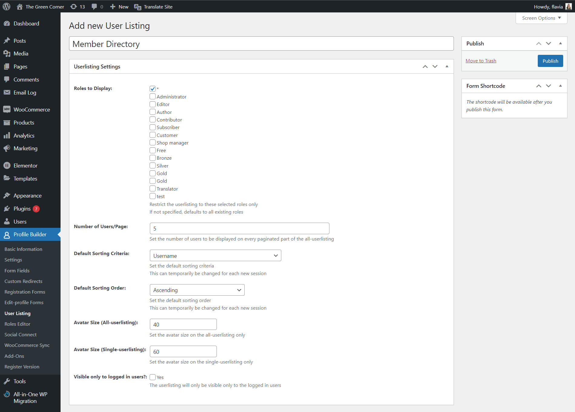 WordPress list users settings