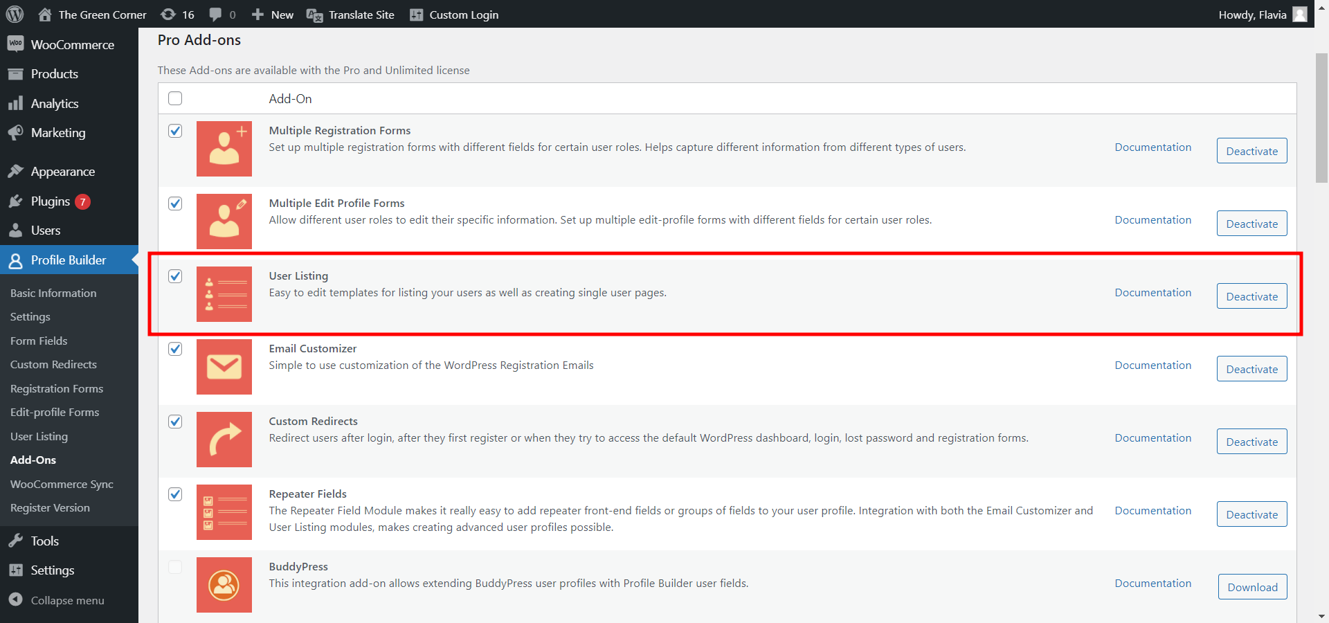 User listing add-on