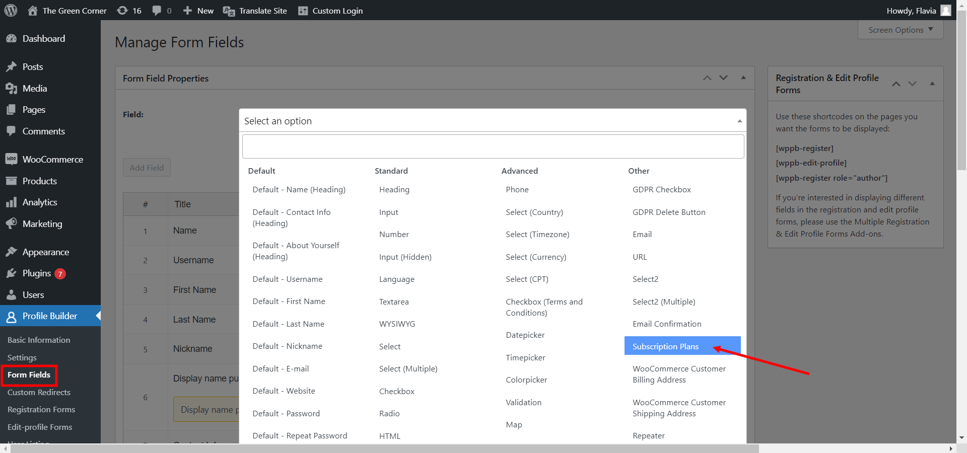 Subscription plans form field