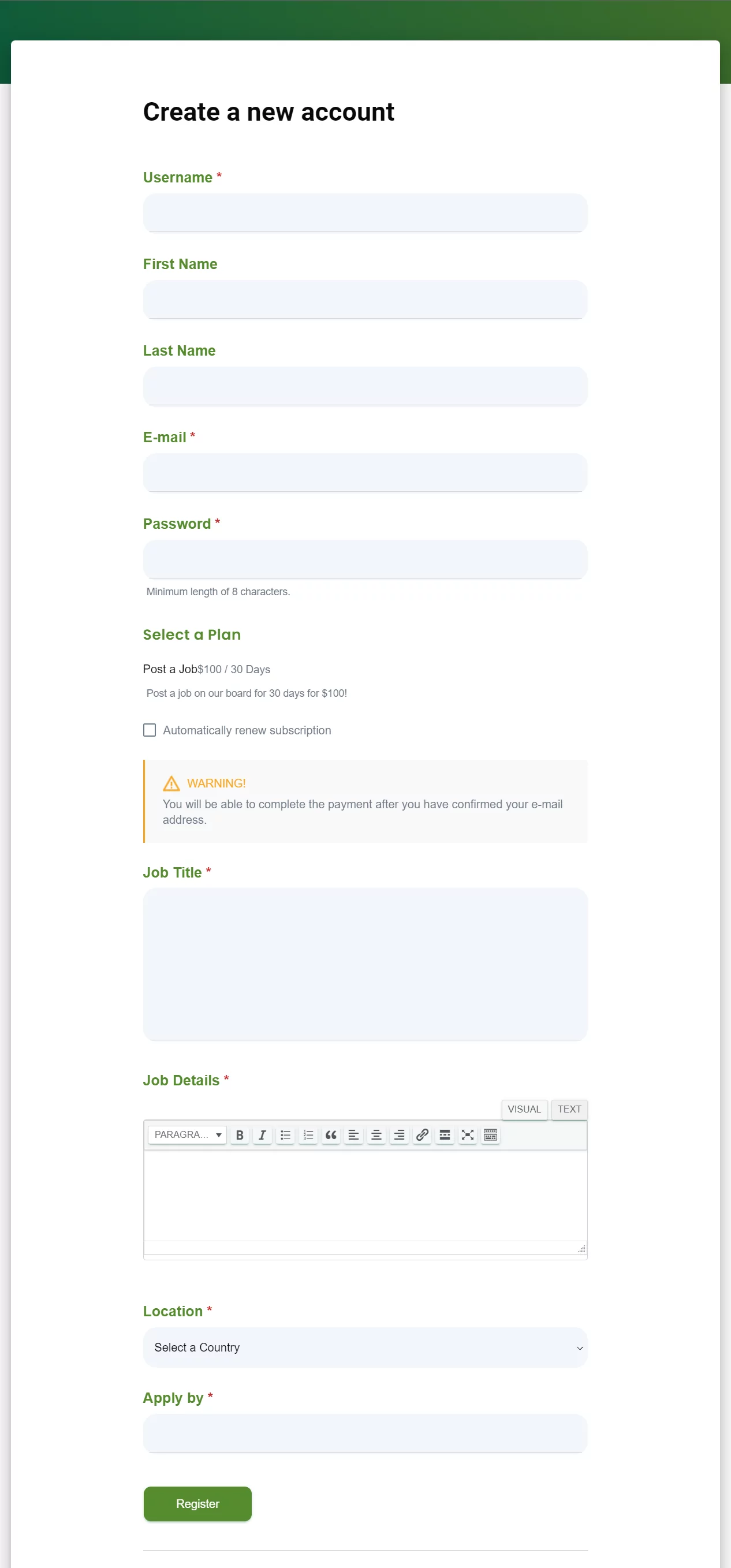 Submit a job form preview