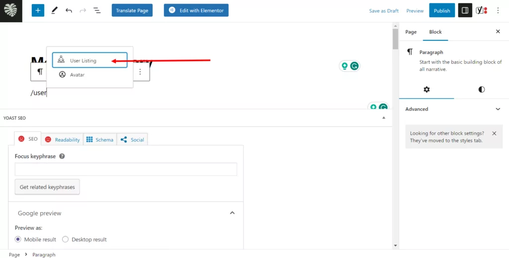 User listing block