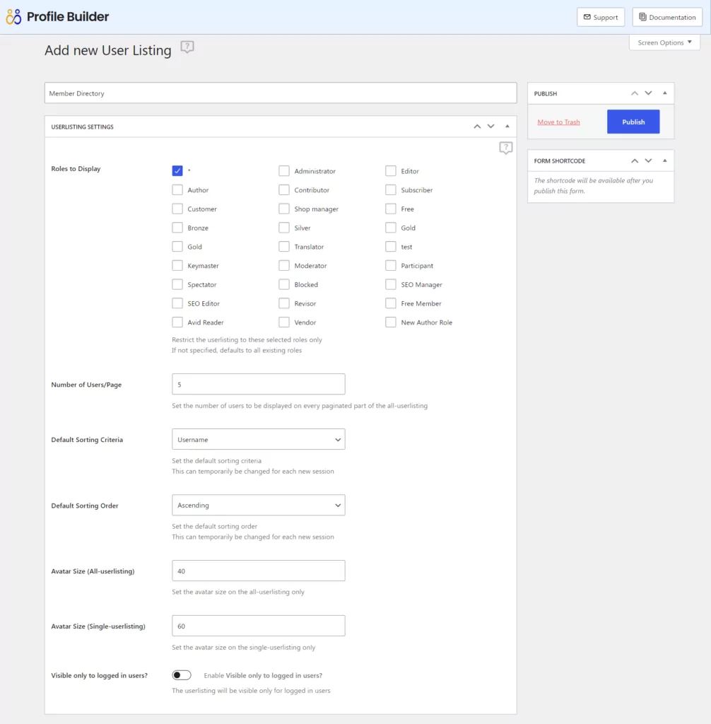 WordPress list users settings