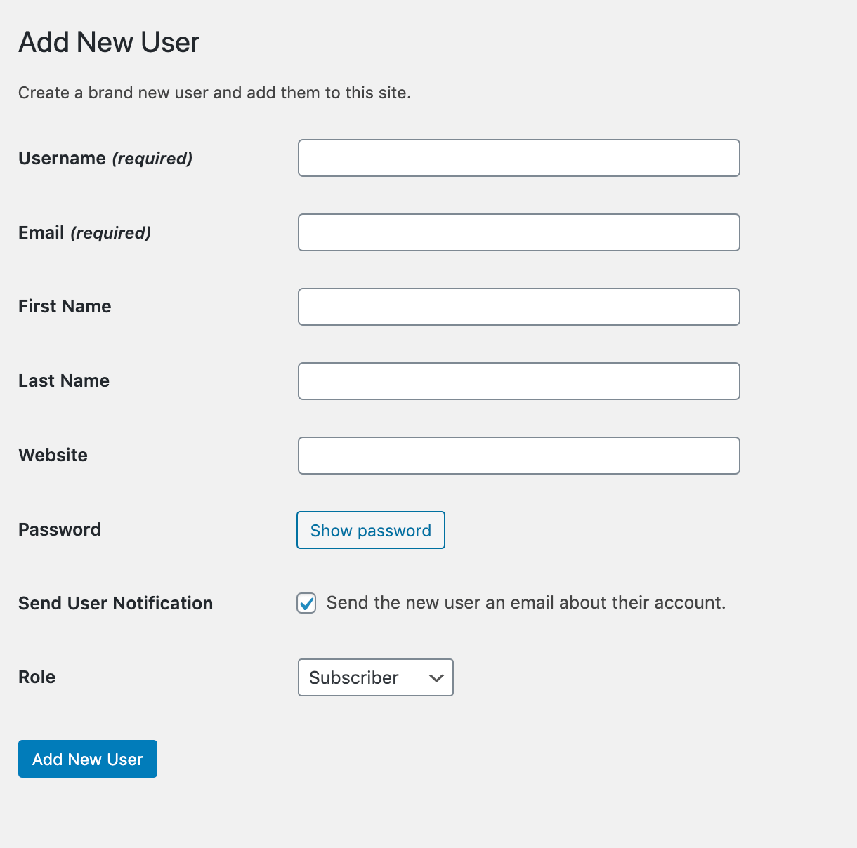 Create New user account. Create a username. New username. Create New password form.