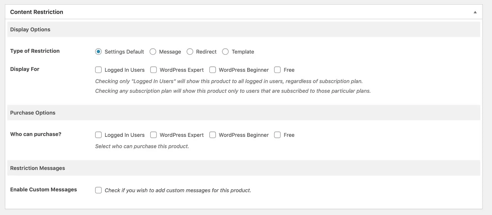 Screenshot of content restrictions for a WooCommerce product