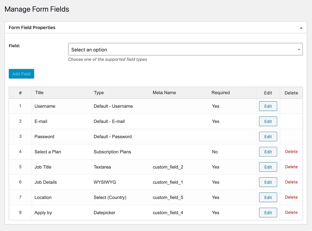 Profile Builder Pro form fields for posting a job