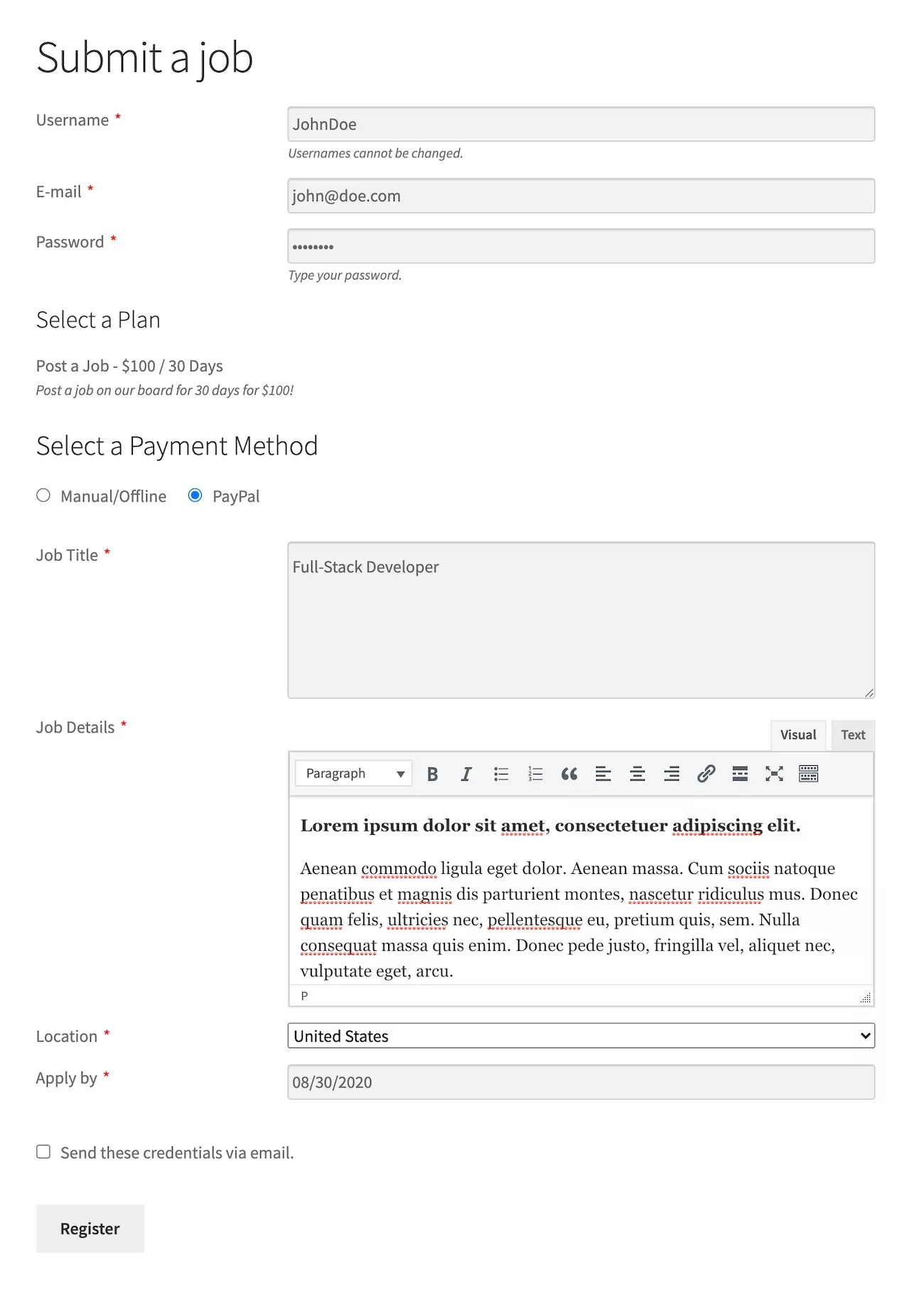 Submit a job form preview