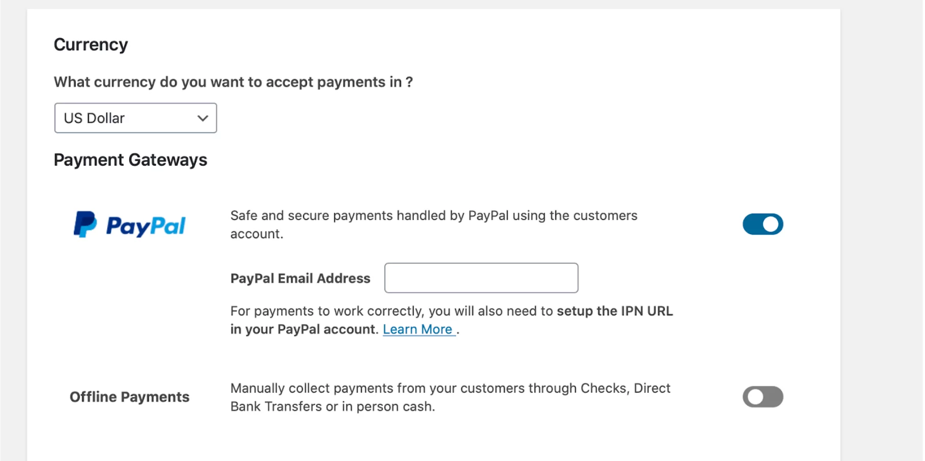 Screenshot of PayPal setup