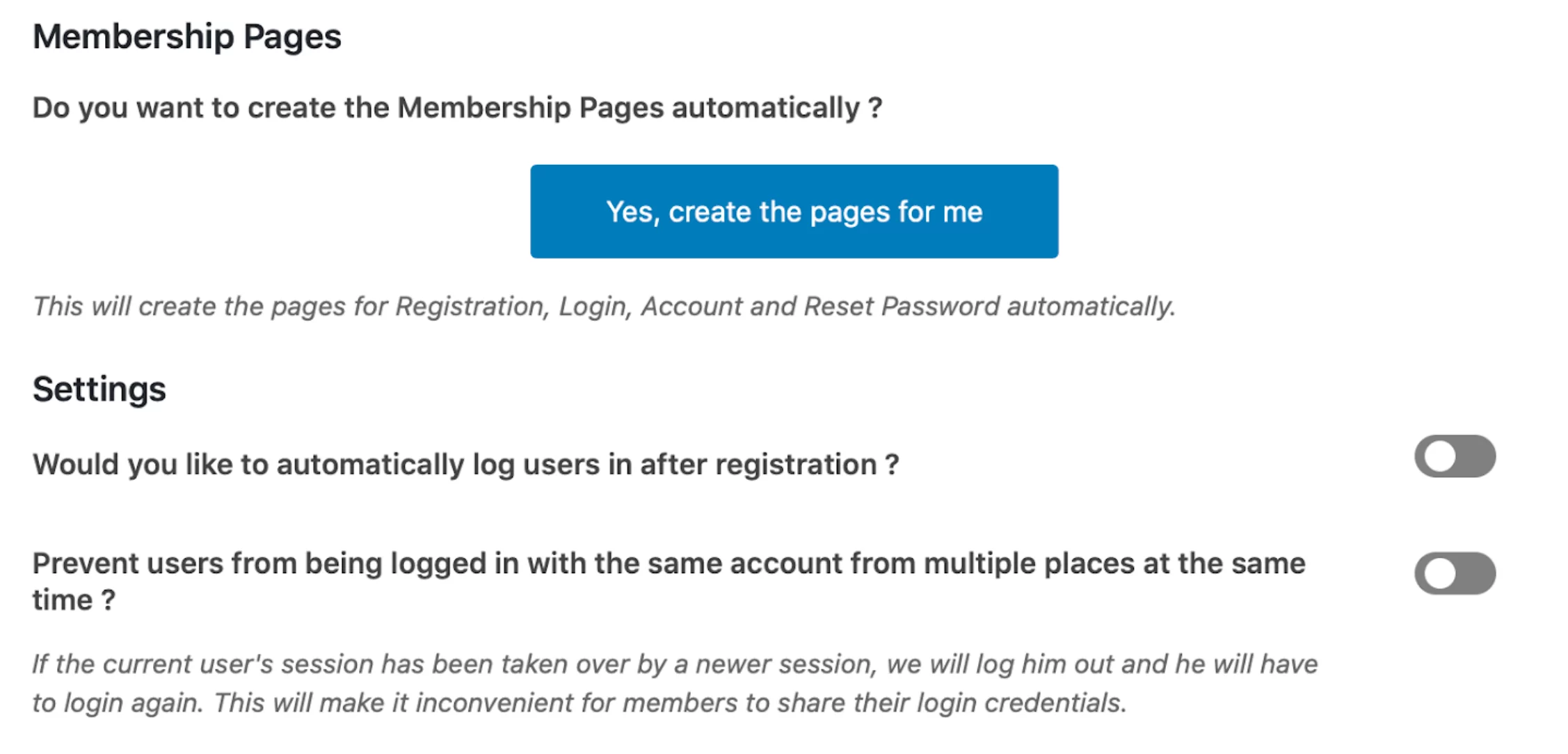 Screenshot of membership page setup