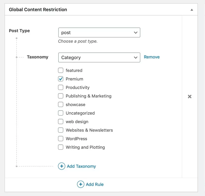 Screenshot of category restriction in WordPress