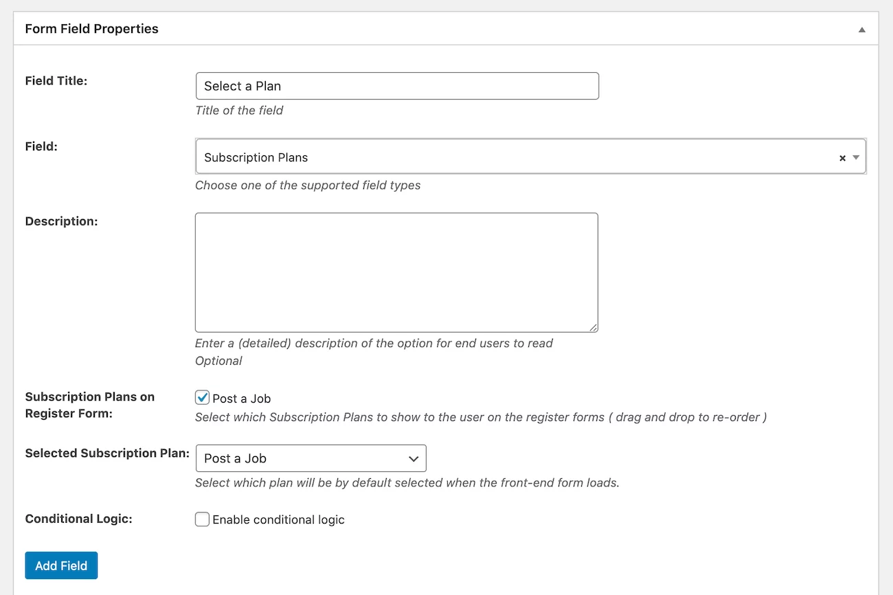 Subscription plans field in Profile Builder Pro
