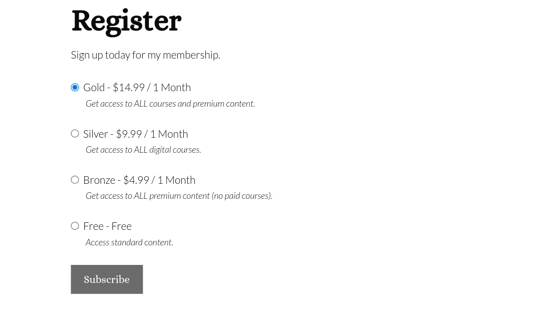 subscription tiers registration page