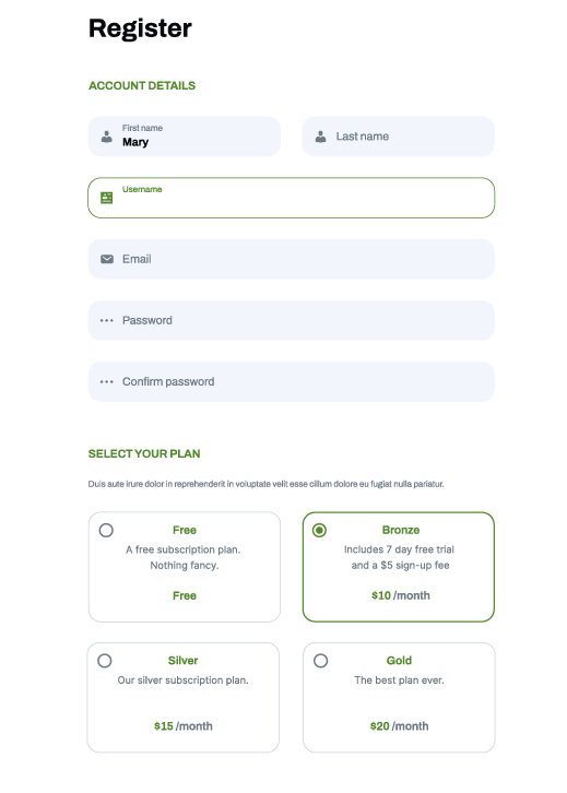 subscription tiers registration page