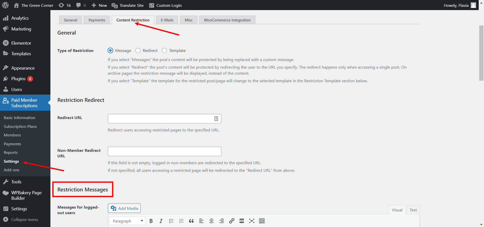 Restriction Messages Section