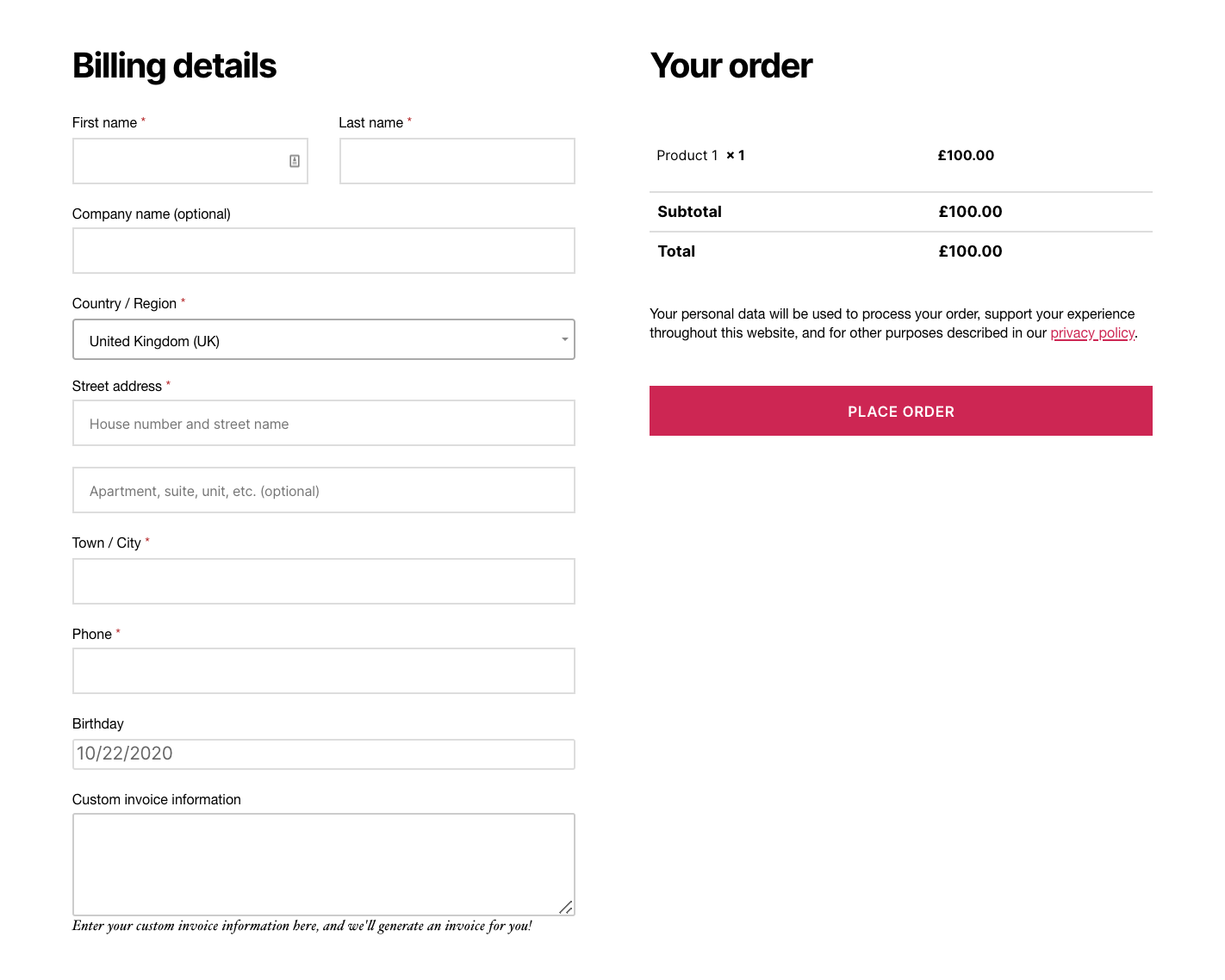 Screenshot of a WooCommerce checkout with custom fields