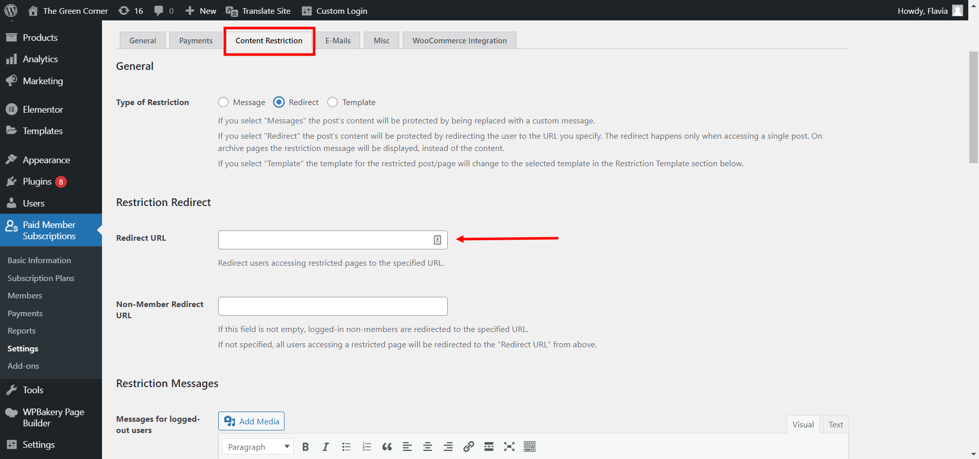 Redirect URL section
