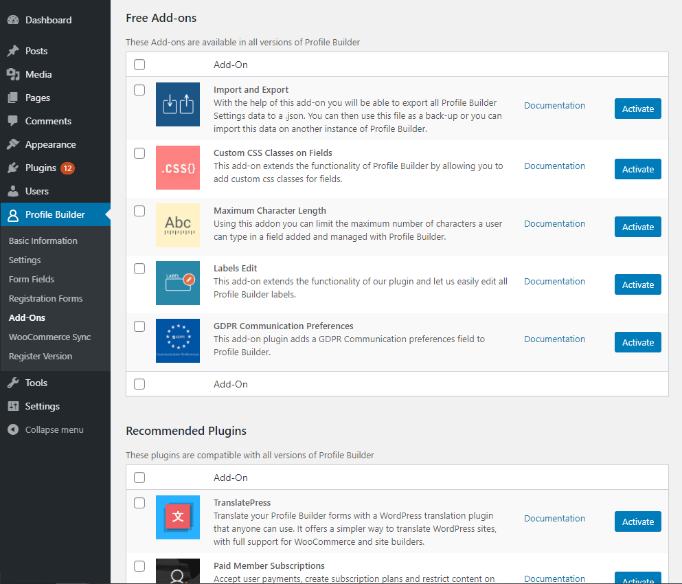 Profile Builder Enhancements: Free Addons included in Main Plugin